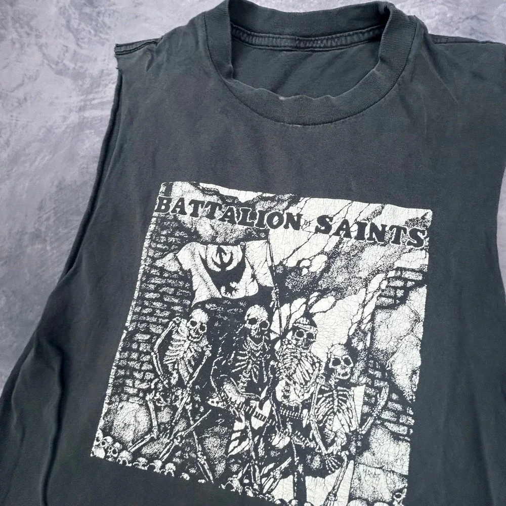 Vintage Battalion of Saints Muscle Tee Black Punk Rock Cutoff Shirt 90s Y2K